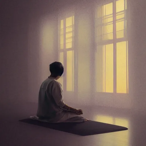 Prompt: a painting of a person sitting in a meditation position, a digital painting by Kanō Tan'yū, unsplash, samikshavad, sense of awe, mystical, matte painting