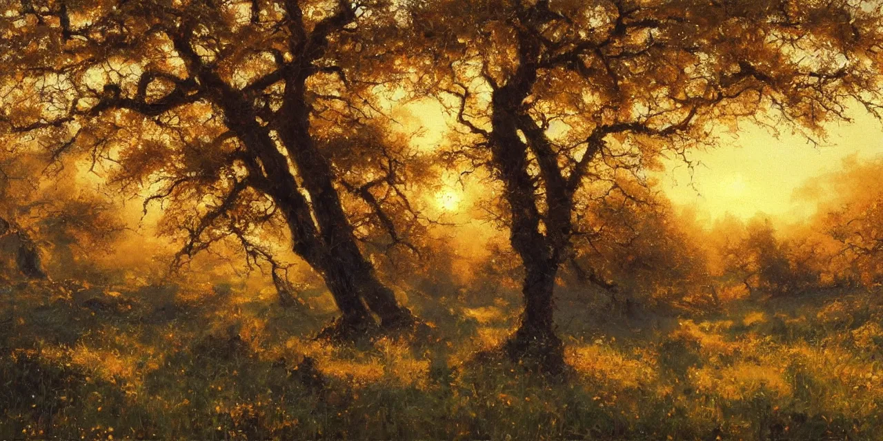 Prompt: a beautiful, stunning oil painting of a landscape with giant oak and alder trees in spring during sunset by craig mullins