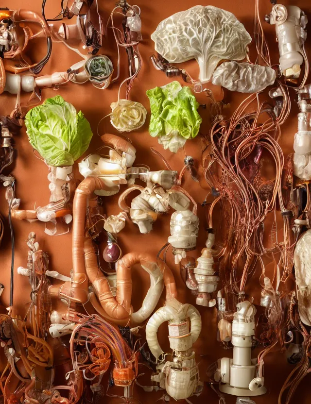 Image similar to a well - lit studio photograph of various earth - toned plastic translucent artificial hearts and organs, some wrinkled resembling reddish brown plastic cabbage, some long, various sizes, textures, and transparencies, beautiful, smooth, layered detailed, intricate art nouveau internal anatomy model