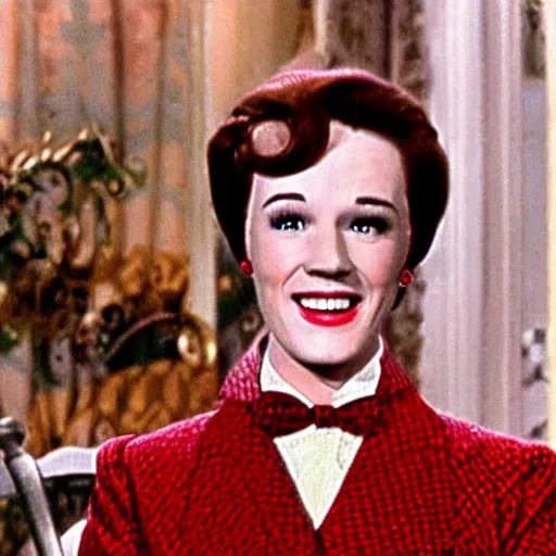 Image similar to Julie Andrews Mary Poppins from Disney 1964 smiling and winking with one eye, Still from Mary Poppins (1964)