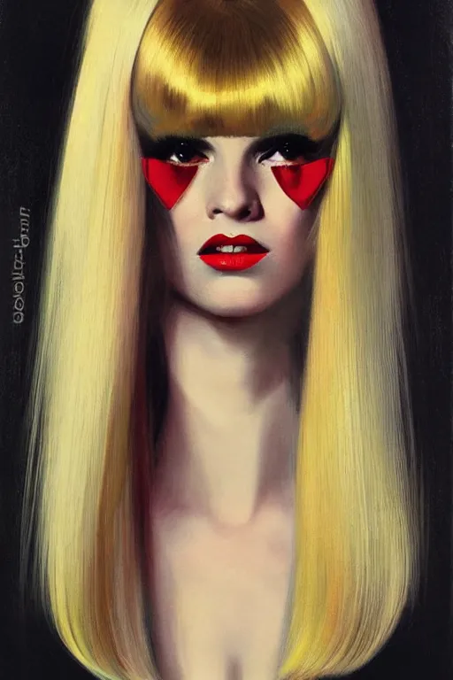 Image similar to portrait 1 9 6 0 s elegant blonde beautiful mod girl, long straight 6 0 s hair with bangs, wearing velvet, vampire, glam, groovy, by brom, tom bagshaw, sargent