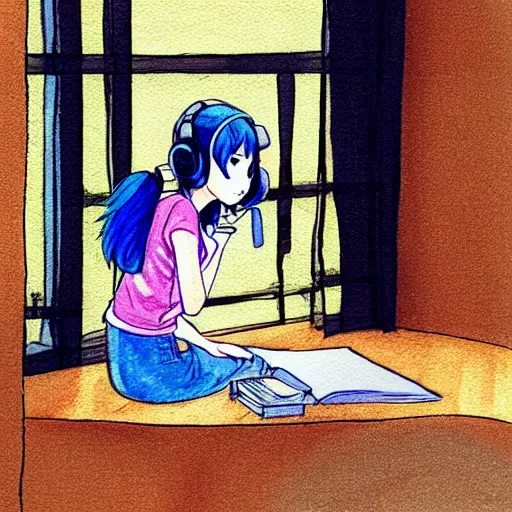 Image similar to anime girl wearing headphones sits at a desk in her bedroom studying, beautiful light thorough window in the style of lofi hiphop in pencil and watercolor by glen keane