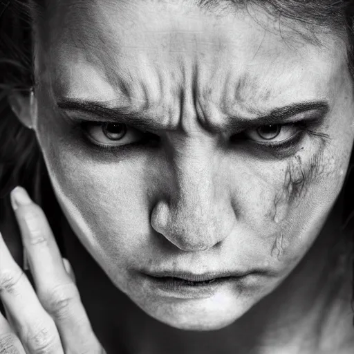 Image similar to first - person photograph of a furious woman, white space, 4 k, professional photography, extreme detail, realistic facial features, eye contact