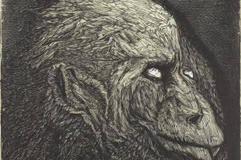 Prompt: werewolf face, Gustave Dore lithography