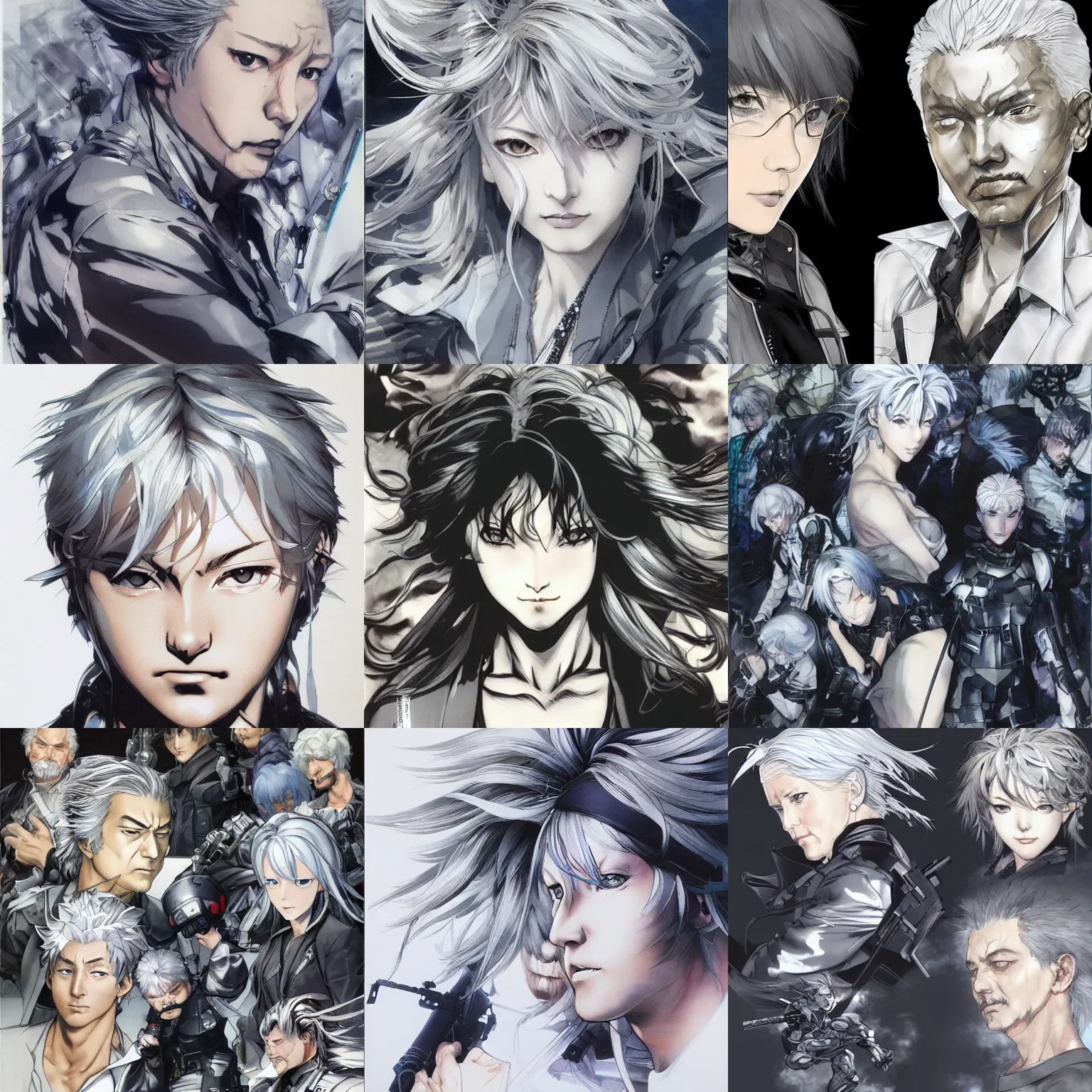 Prompt: silver hair girl, multicam, portrait ilustration bu Shinji Aramaki Yoji Shinkawa and Takehiko Inoue