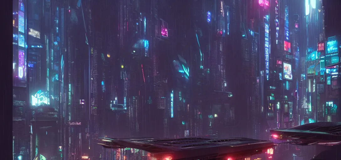 Image similar to view from the ground of a futuristic cyberpunk city at night in rain, with flying cars, symmetry, cinematic lighting, ultra detailed, sharp, ambient occlusion, raytracing, by greg rutowski, paul chadeisson and jessica rossier