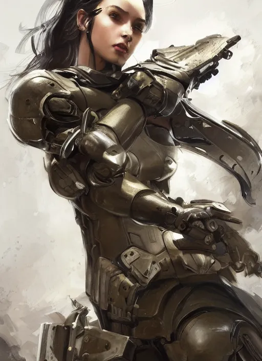 Image similar to a professional painting of a beautiful young female, clothed in military armor, olive skin, long dark hair, beautiful bone structure, symmetrical facial features, intricate, elegant, digital painting, concept art, smooth, sharp focus, illustration, from Metal Gear, by Ruan Jia and Mandy Jurgens and Artgerm and William-Adolphe Bouguerea