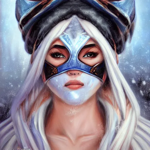 Prompt: bandit from ‘ icewind dale ’ and ‘ icewind dale heart of winter ’, with a frost blue gem mask lined with copper, ‘ icewind dale 2 ’ profile portrait by ‘ justin sweet ’, perfect face, pretty face, falling snow, soft focus, illustration, oil paint,