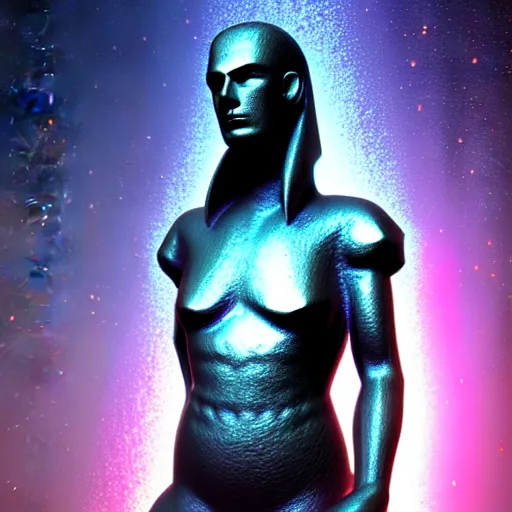 Image similar to cyberpunk statue, rain, space, galaxy