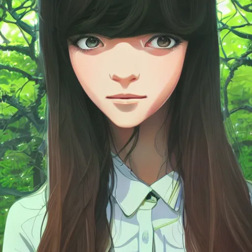 Image similar to Character portrait of a young beautiful woman in a lush park, beautiful face, long dark hair with bangs, highly detailed, cel shading, Studio Ghibli still, by Ilya Kuvshinov and Akihiko Yoshida