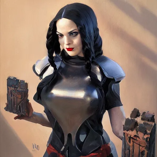 Image similar to greg manchess portrait painting of partially armored wednesday from addams family as overwatch character, medium shot, asymmetrical, profile picture, organic painting, sunny day, matte painting, bold shapes, hard edges, street art, trending on artstation, by huang guangjian and gil elvgren and greg rutkowski