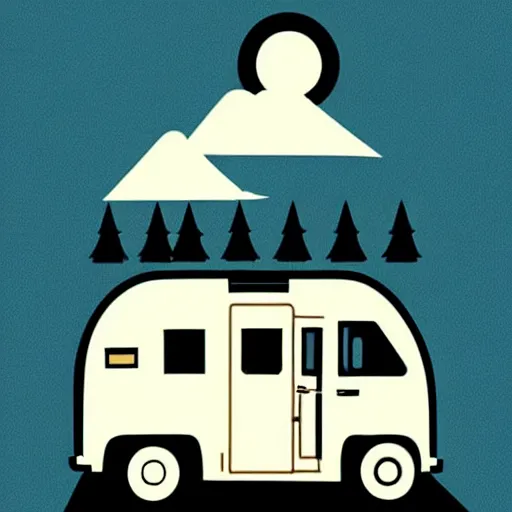 Image similar to a white and black cute thor chateau! motorhome camper!!, mountains, colorful sunset!!, stencil art by tom whalen