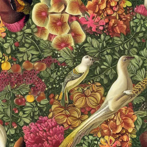 Prompt: vintage illustration pattern, bizarre compositions, blend of flowers, fruits, birds by beto val, john james audubon, exquisite detail