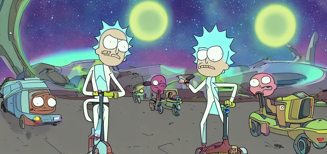 Image similar to galaxy, e - scooter invasiom, rick and morty, cinematic