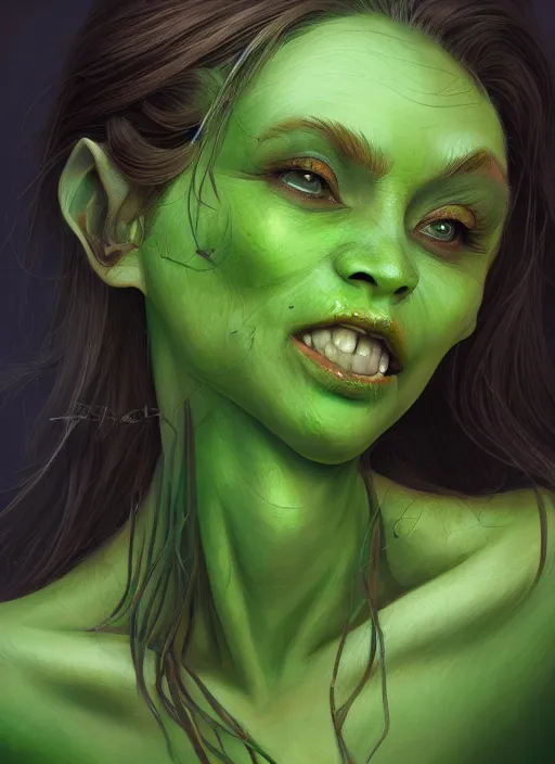 Prompt: portrait of beautiful cute green skin goblin girl, intricate, elegant, highly detailed, digital painting, artstation, concept art, smooth, sharp focus, illustration