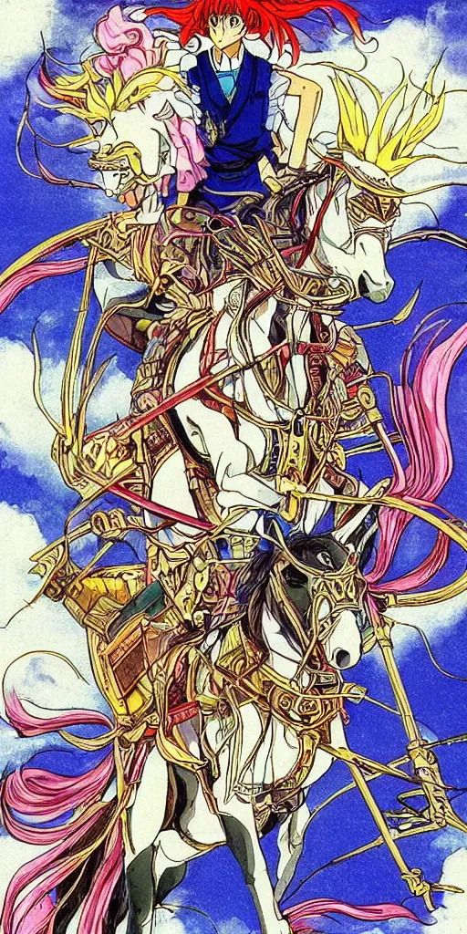 Prompt: a magical chariot drawn by horse in japan, 1990s anime, full color, tarot card the chariot,