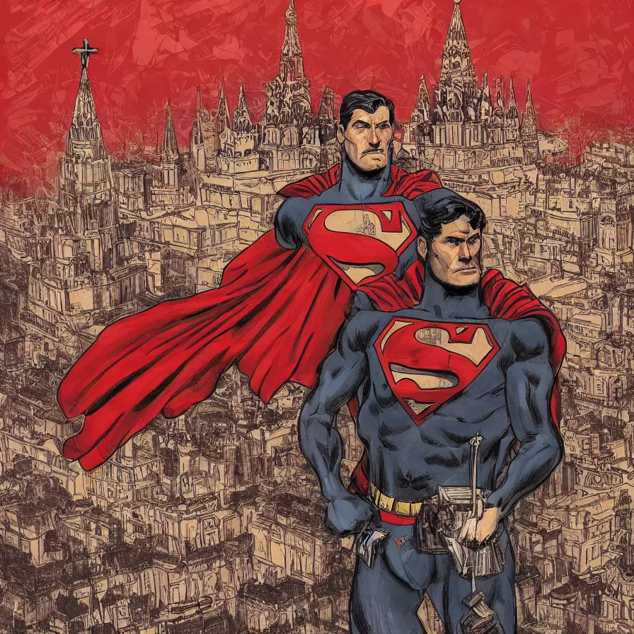 Prompt: epic comic book cover of stalin as superman floating over the red square ( moscow ), aesthetically pleasing, socialist realism, finely detailed features, photorealistic, intricate digital art, trending artstation, artgem, rich moody colors, fan art, concept art, in the style of the red son, by cory walker and ryan ottley