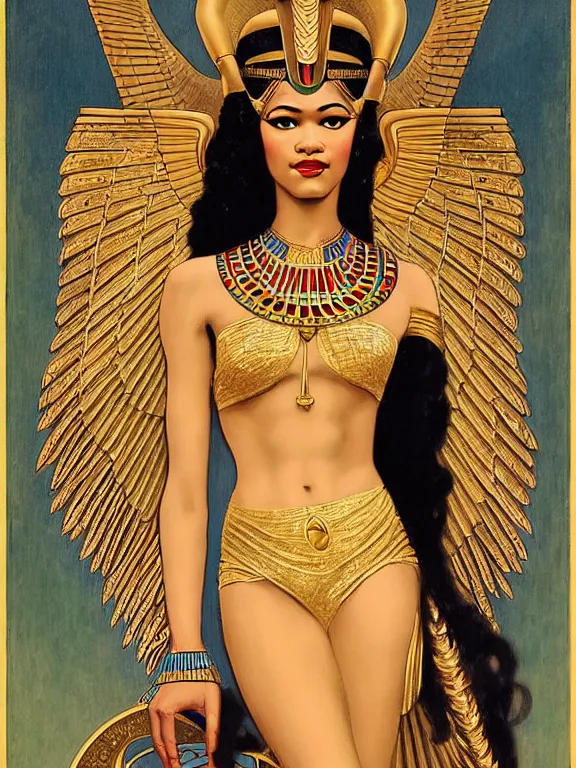 Image similar to zendaya as the Egyptian goddess isis the lady of the fertile Nile, a beautiful art nouveau portrait by Gil elvgren, Nile river environment pyramids water garden , centered composition, defined features, golden ratio, gold jewelry