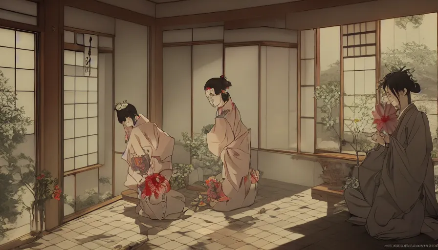 Image similar to old japanese giving flowers to his wife, japanese house, light through windows, romantic, manga, artists, hyperdetailed, artstation, cgsociety, 8 k