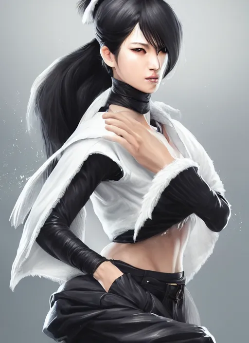 Image similar to a highly detailed illustration of fierce tall amazon messy ponytail black haired one armed delinquent japanese woman wearing white cap wearing long white jacket with cape, powerful imposing pose, muscular, perfect face, intricate, elegant, highly detailed, centered, digital painting, artstation, concept art, smooth, sharp focus, league of legends concept art, wlop.