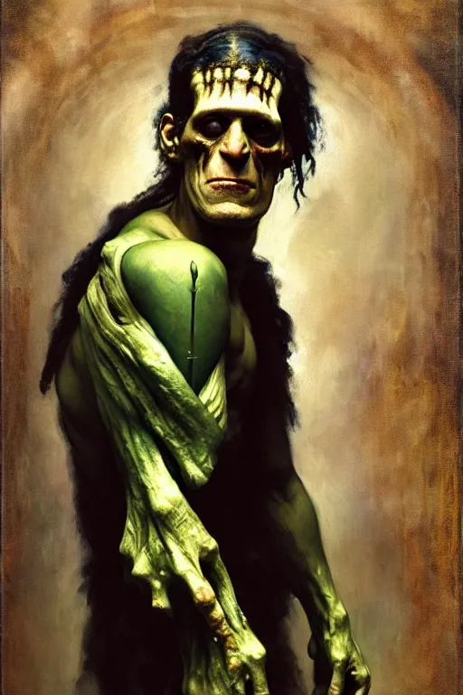 Image similar to photograph imax and solomon joseph solomon and richard schmid and jeremy lipking victorian loose genre loose painting full length portrait painting of frankenstein