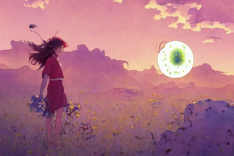 Prompt: a wholesome animation key shot of mononoke planting giant robots alone in the desert by herself, studio ghibli, pixar and disney animation, sharp, disney concept art watercolor illustration by mandy jurgens and alphonse mucha and alena aenami, pastel color palette, dandelion seeds float, bloom, dramatic lighting