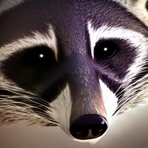 Image similar to a hyperrealistic octane render of a raccoon with a telephoto lens for a nose, photorealism, unreal engine, dramatic lighting, volumetric lighting, uplighting