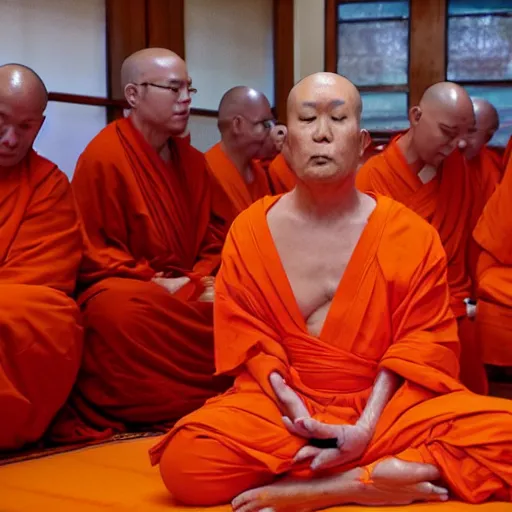 Prompt: donald trump!!!!!, dressed in orange monk's robes, quietly meditating in a buddhist temple