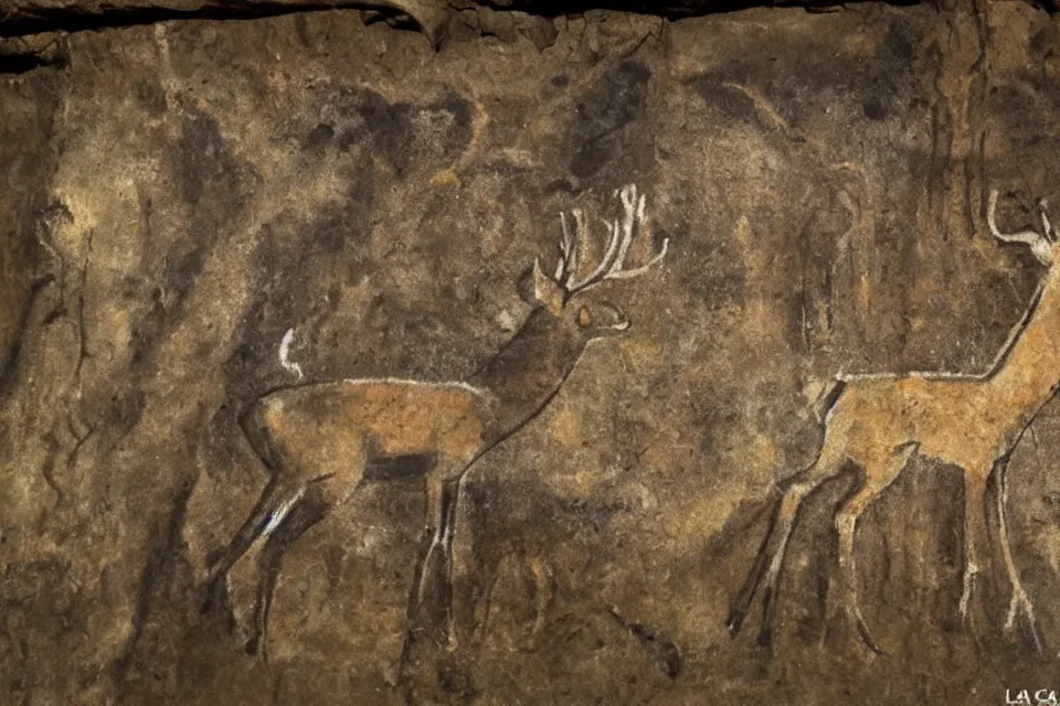 Image similar to a cave painting of a deer and a 1 9 5 0 s sci - fi robot. lascaux cave paintings, chauvet