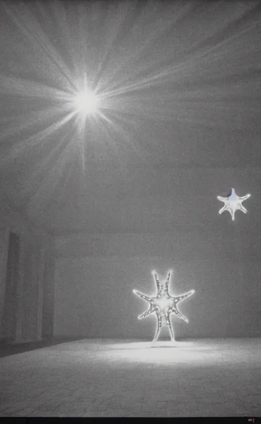 Image similar to light coming out of one starfish - like kaiju anthropomorphic monster, korean film noir by kim jong - il, korean traditional palace, pyongyang city, 1 9 6 0 s, red color bleed, 4 k, video compression, video glitch, monochrome, akira kurosawa, mamoru oshii, wes anderson, stanley kubrick