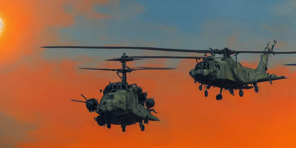 Image similar to Painting of vietnam Huey Helicopters, above a forest, orange sun set, abstract, realism, high details, glow, far, distance, over the horizon, drawn, 8k