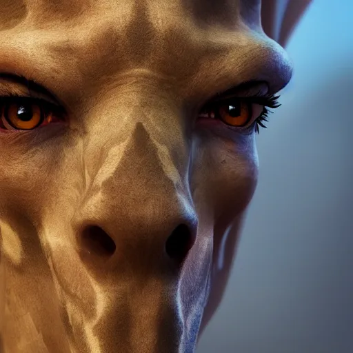 Image similar to a highly detailed half portrait of a humanoid giraffe in a blue cloak, adventurer, artstation, deviantart, professional, unreal engine 5, octane render