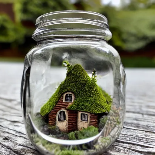 Image similar to photo of a tiny gnome village in a jar.