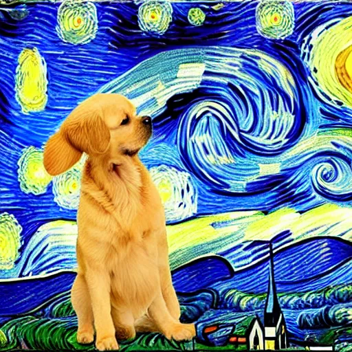 Image similar to golden retriever playing in vincent van gogh's starry night