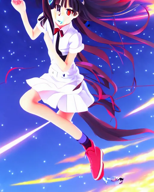 Image similar to anime style, vivid, expressive, full body, 4 k, painting, a cute magical girl with a long wavy black hair wearing a school uniform, defending from asteroid, stunning, realistic light and shadow effects, centered, simple background, studio ghibly makoto shinkai yuji yamaguchi
