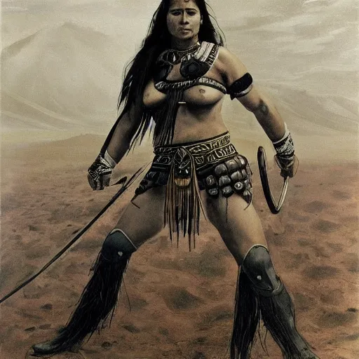 Prompt: strong native american female beauty with long black hair in a ponytail and muscular figure, wearing ancient greek black leather armor with bronze ornamental, she is a fighter standing on a vulcanic black beach, low angle, white clouds, beautiful highly detailed art like Alfred von Wierusz-kowalski, Adrian Wilkins, Anders Zorn, Ben Maier, Magic the Gathering and Johannes Voss, trending on artstation