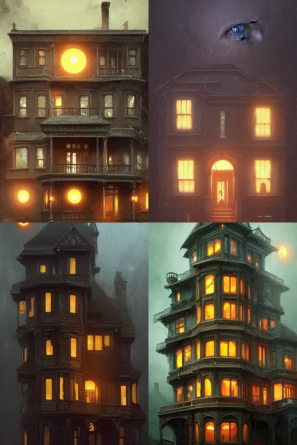 Prompt: A Victorian House with big orange eyeballs staring out from the windows, Lovecraftian, 4k, masterpiece, cinematic, glowing, by Greg Rutkowski, Trending on Artstation, Behance. Polished. Eldritch