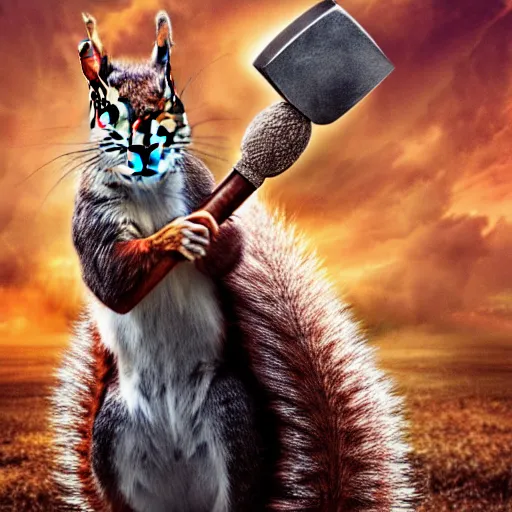 Image similar to the squirrel thor ~ holding his hammer ~ dramatic thunder background ~ fighting scene ~