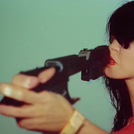 Prompt: Bjork aiming a glock at the camera, portrait, 35mm film