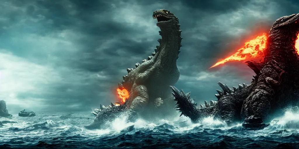 Image similar to epic battle scene Godzilla versus the Kraken, the last stand, Epic Background, in the ocean, highly detailed, sharp focus, 8k, 35mm, cinematic lighting
