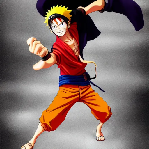 Prompt: luffy dressed as naruto , anime , trending on artstation , Matte painting ,Hyperdetailed , CGSociety