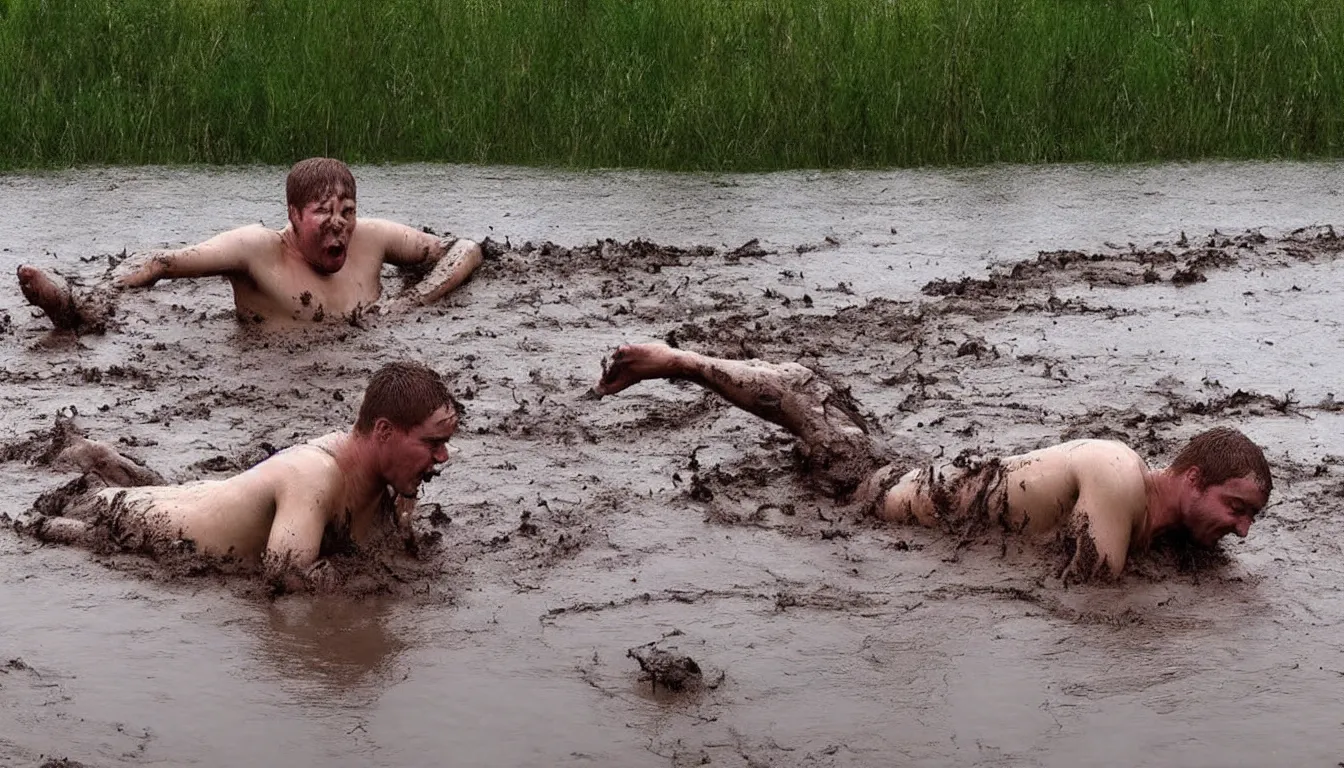 Image similar to man swimming trough the mud, russian style, hilarious, funny, meme, realistic, detailed, 4 k