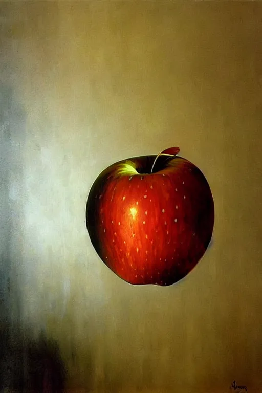 Prompt: A giant apple floating in an abandoned room, detailed art by Phil Hale