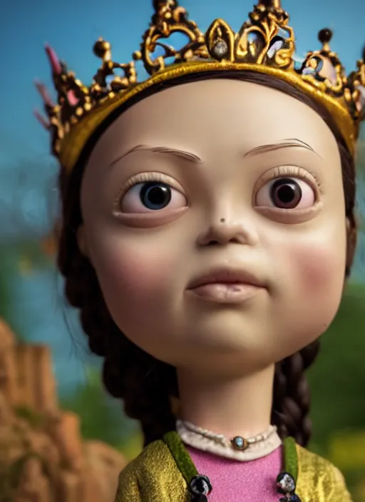 Image similar to closeup face profile portrait of tin toy greta thunberg as a fairytale goth princess wearing a crown eating cakes, bikini, depth of field, zeiss lens, detailed, symmetrical, centered, fashion photoshoot, by nicoletta ceccoli, mark ryden, lostfish, breathtaking, 8 k resolution, extremely detailed, beautiful, establishing shot, artistic, hyperrealistic, octane render