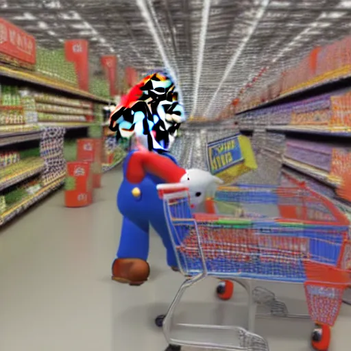 Image similar to Mario shopping in Walmart, highly detailed, high quality, HD, 4k, 8k, Canon 300mm, professional photographer, 40mp, lifelike, top-rated, award winning, realistic, sharp, no blur, edited, corrected, trending