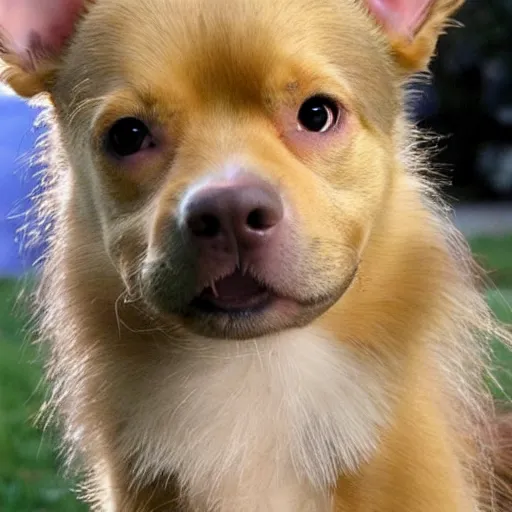 Image similar to fully grown tan pit bull, long - haired chihuahua, pomeranian mix