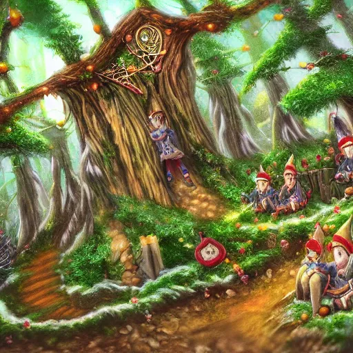 Prompt: highly detailed commune of hedonist elves. the elves are carefree and playful. digitally painted forest scene. The elves each have the face of famous musician !!!!!Ed Sheeran!!!!!. pixiv, artbreeder. high quality art