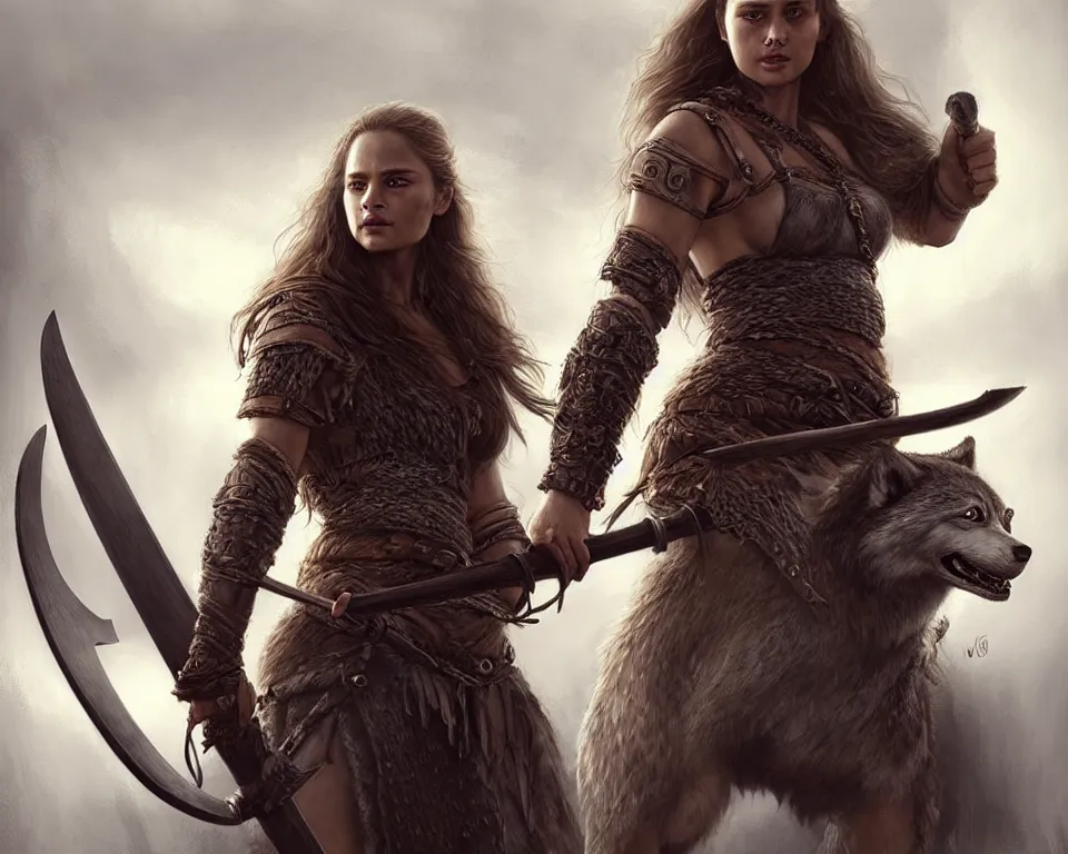 Image similar to gorgeous!! hyper - realistic single!!! woman resembling alicia vikander as a battle - worn viking warrior wielding a giant axe, accompanied by a dire wolf | intricate, highly detailed, digital painting, character design, character concept art | drawn by wlop, drawn by jeehyung lee, drawn by artgerm, drawn by peter kemp