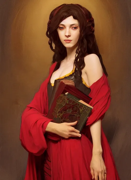 Image similar to character concept portrait of an attractive young female Spanish witch in a red and golden robe with pale skin enchanting a protection spell, a floating iridescent spell book in the center, intricate, elegant, digital painting, concept art, smooth, sharp focus, illustration, from Metal Gear, by Ruan Jia and Mandy Jurgens and William-Adolphe Bouguereau, Artgerm