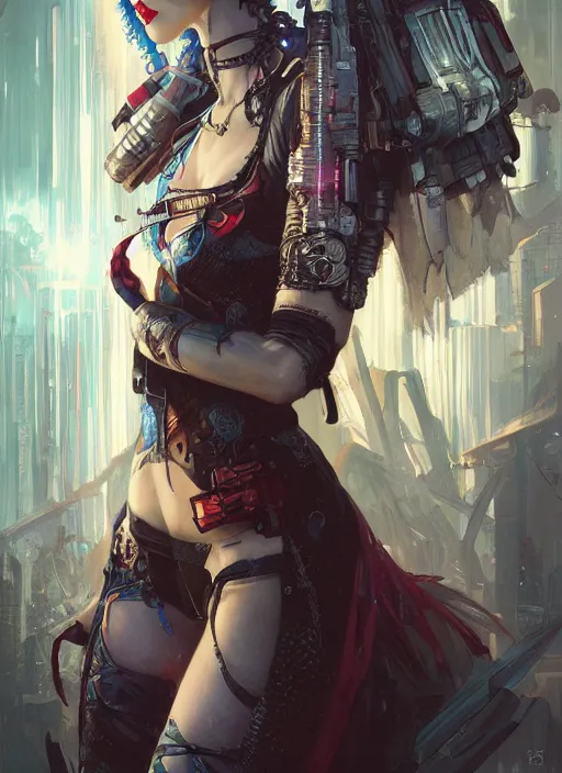 Image similar to a beautiful illustration of cyberpunk elven harley quinn, intricate, sharp focus, illustration, highly detailed, digital painting, concept art, matte, art by wlop and artgerm and greg rutkowski and alphonse mucha, masterpiece